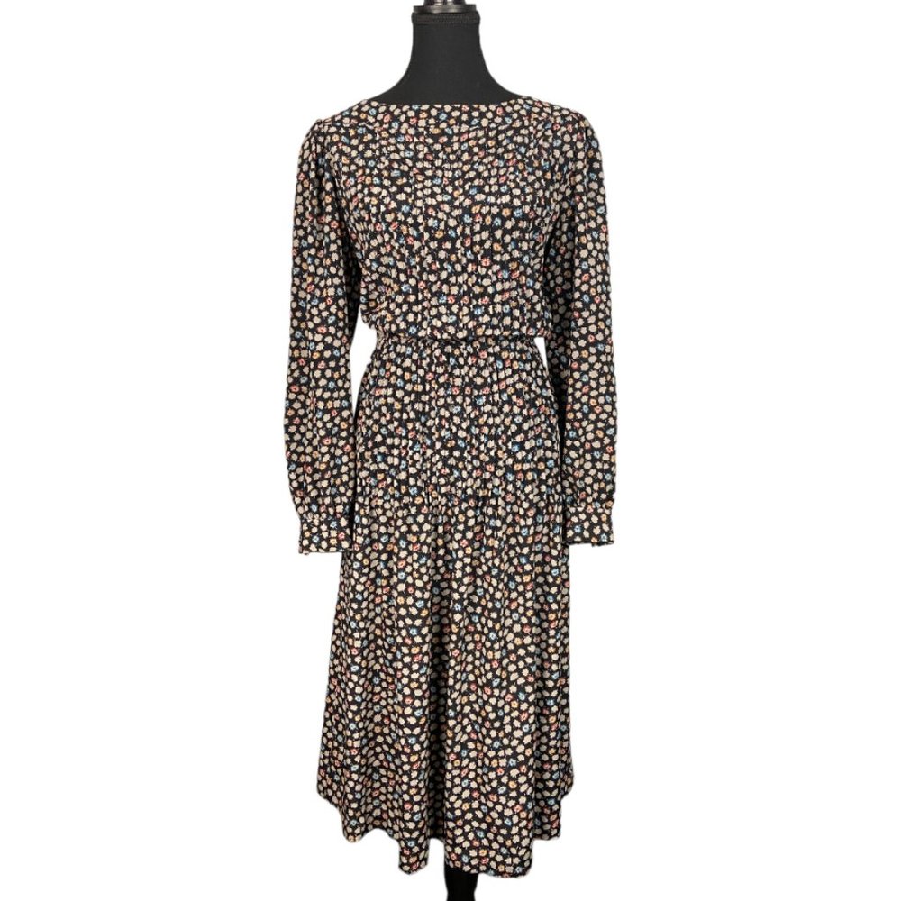 Vintage Albert Nipon Long Sleeve Pleated Floral Midi Dress Size 10